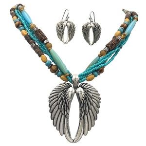 Angel Wings Heart Beaded Necklace Earrings Set